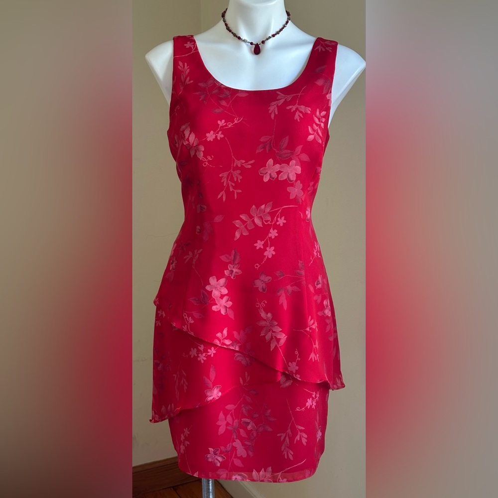 SCARLETT Red & Pink Floral Chiffon Layered Dress Sz 11/12 Zipper Closure In Back